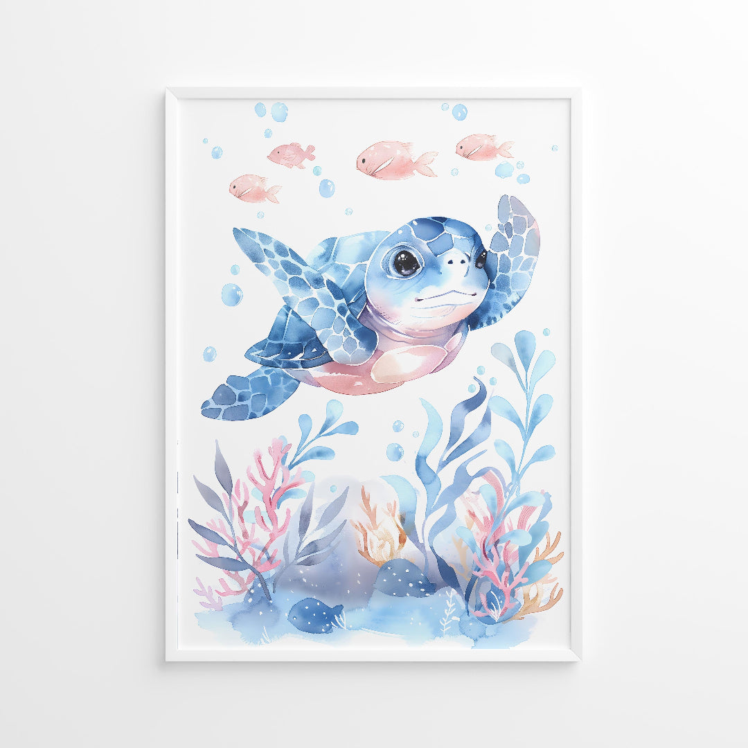 Framed artwork of a vibrtant blue sea turtle with pink fish and coral on a white background