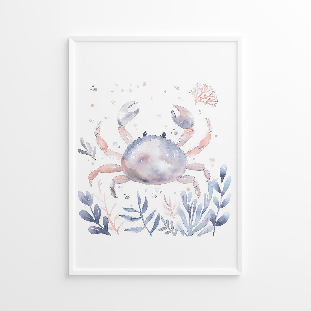 Framed artwork of a crab with floral elements on a white background