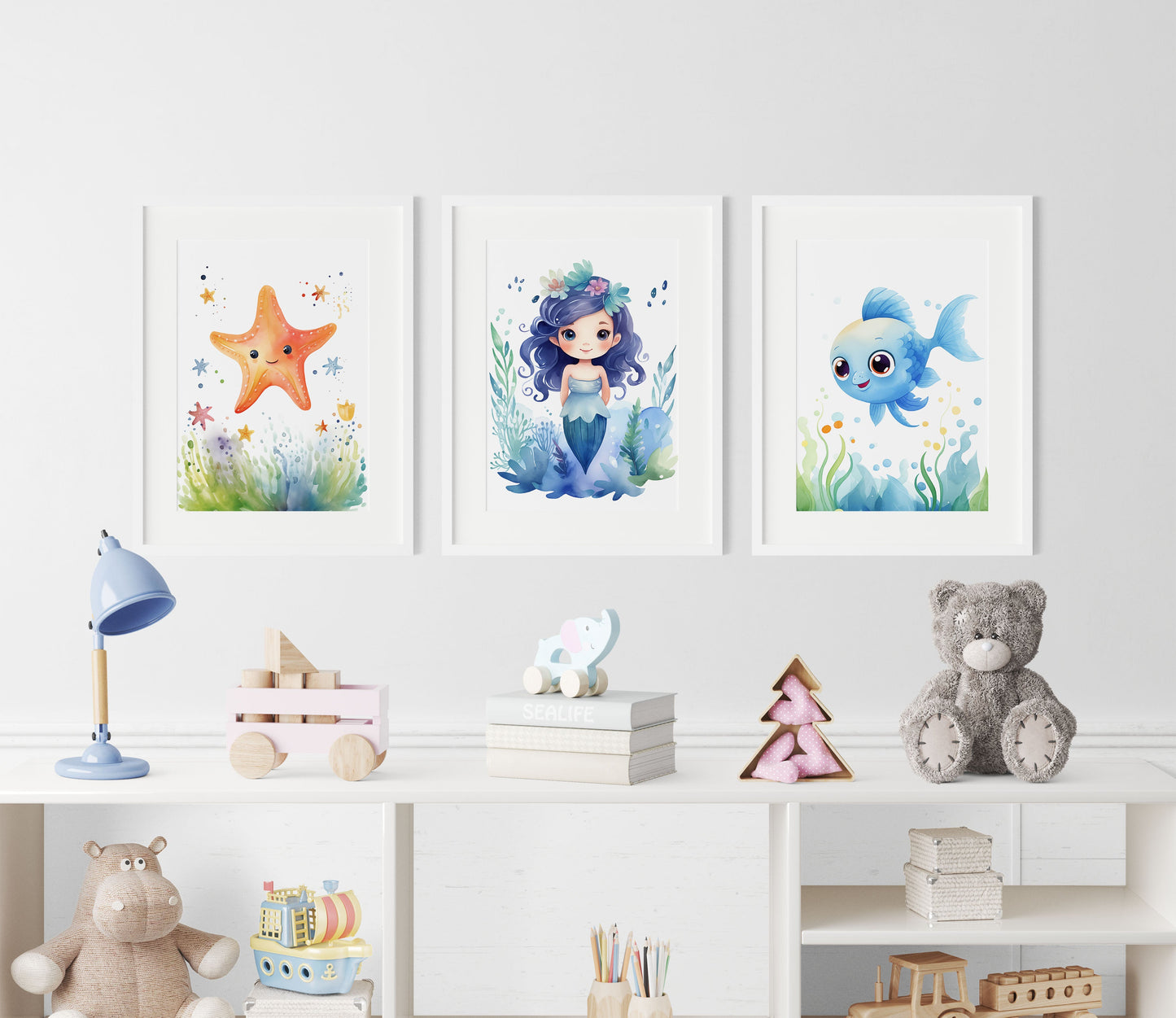 Magical Mermaid and Friends Nursery Wall Art Set of 3 Framed Prints