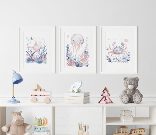 Blue Creatures Nursery Wall Art Set of 3