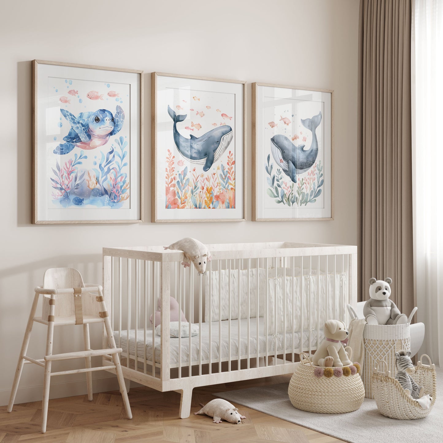 Splashy the Whale Nursery Wall Art Set of 3 Framed Prints