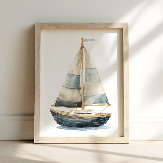 Lámina Enmarcada Barco de Acuarela Vintage para Pared de Habitación Infantil