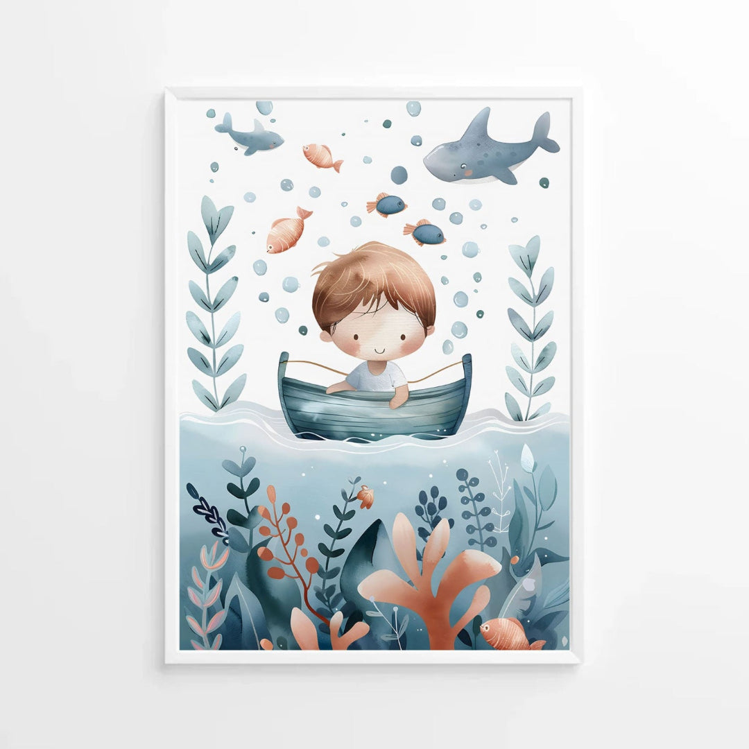 Illustration of a child in a boat surrounded by sea creatures and plants on a white background