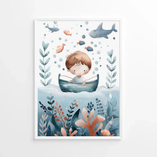 Illustration of a child in a boat surrounded by sea creatures and plants on a white background