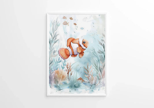 watercolor illustration of a cute clownfish in the sea