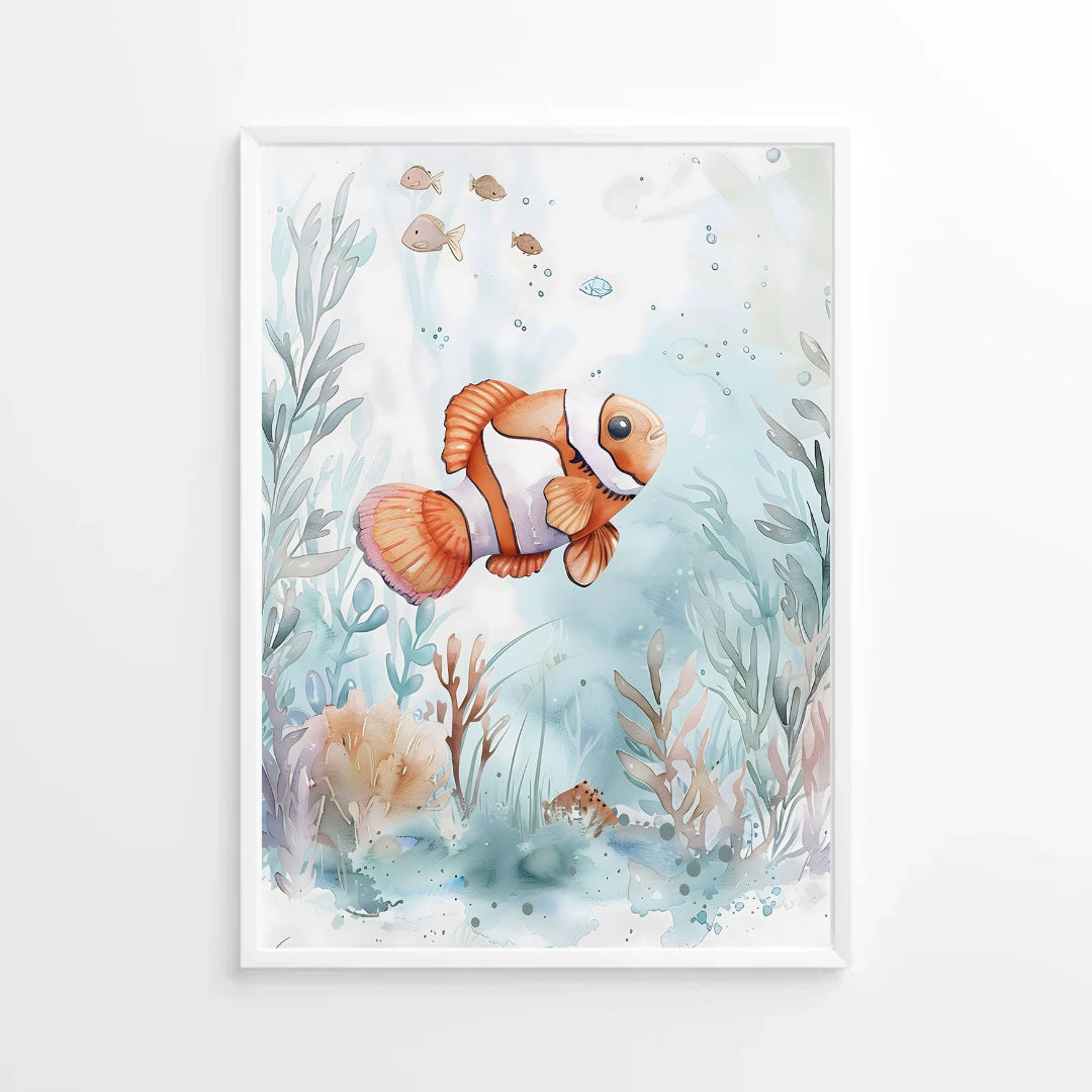 watercolor illustration of a cute clownfish in the sea