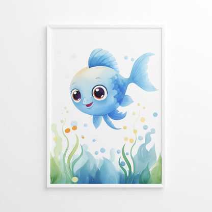 Framed artwork of a watercolor blue fish