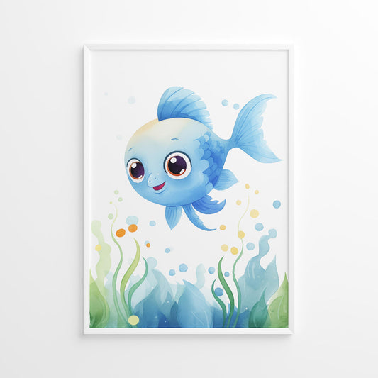 Framed artwork of a watercolor blue fish