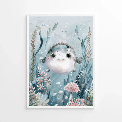 cute watercolor illustration of a puffer fish in the ocean