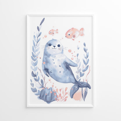 Illustration of a seal surrounded by seaweed and small fish on a white background