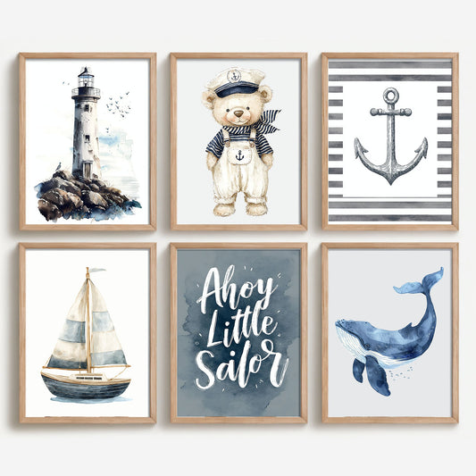 Set de 6 Láminas de Arte para Pared de Cuarto Infantil con Temática Costera Vintage