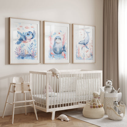 Blue Turtle Seal and Whale Nursery Wall Art Set of 3 Framed Prints