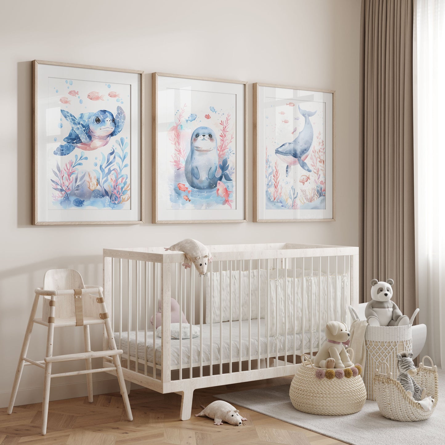 Blue Turtle Seal and Whale Nursery Wall Art Set of 3