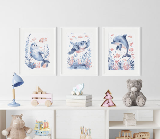 Set de 3 Láminas de Arte para Pared de Guardería con Focas, Delfines y Tortugas
