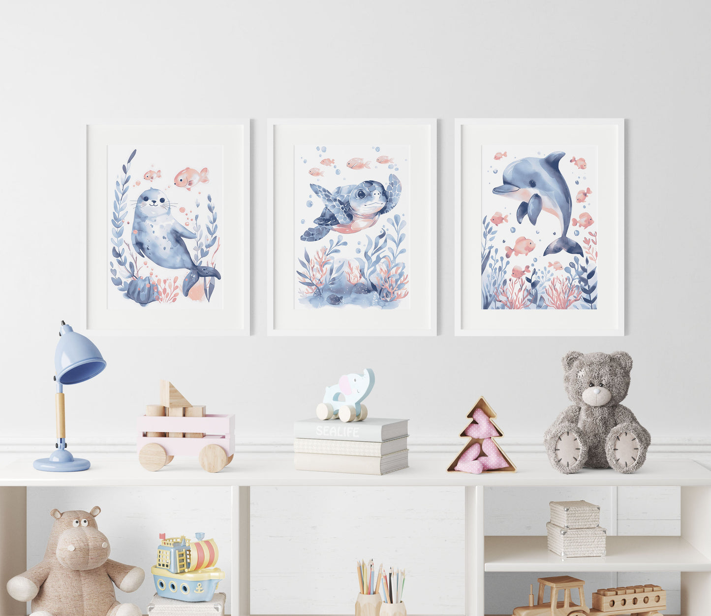 Seal Dolphin and Turtle Nursery Wall Art Set of 3