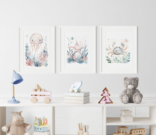 Set de 3 láminas de arte para cuarto de bebé de estrella de mar, pulpo y cangrejo