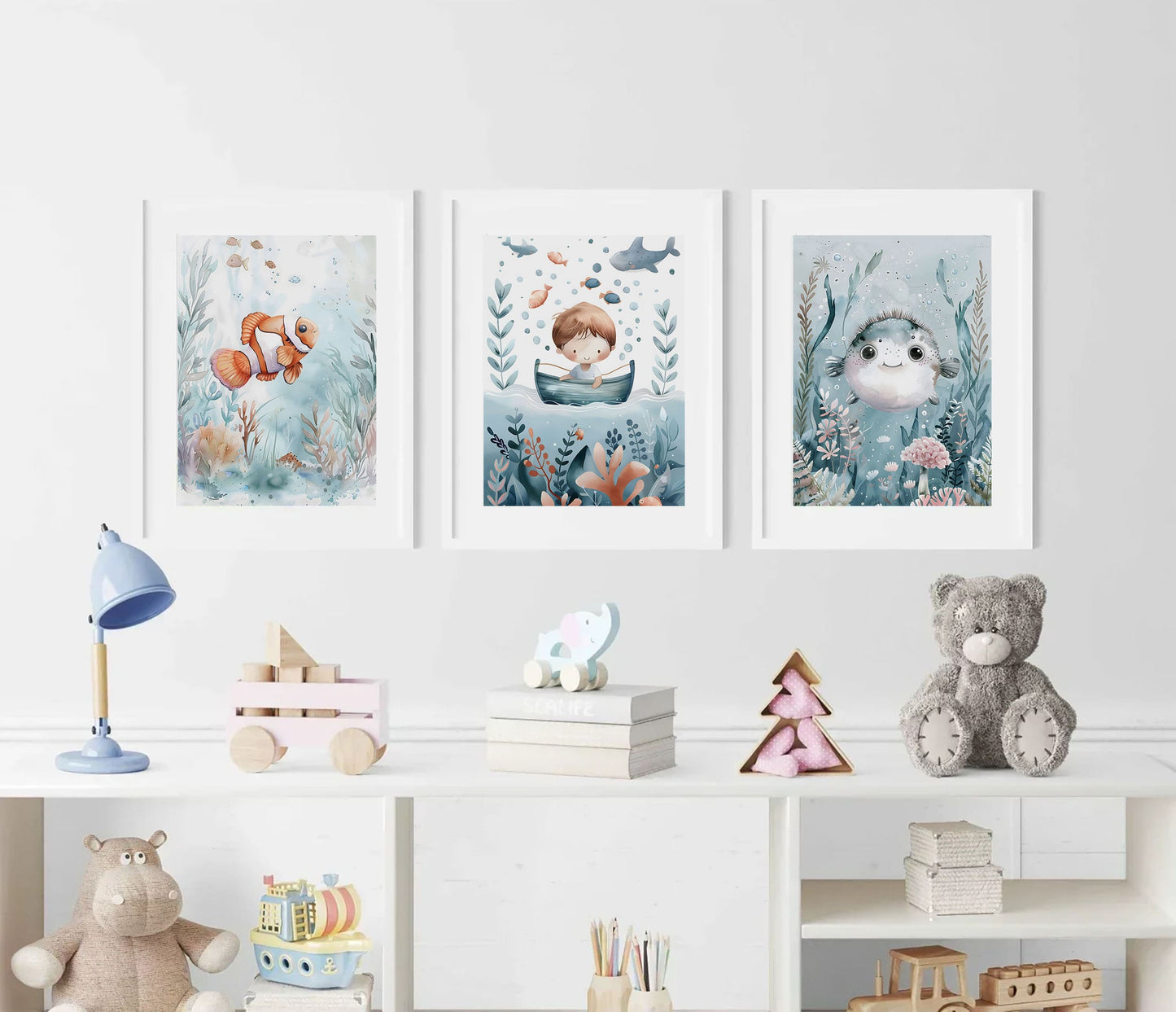 Little Sailor Nursery Wall Art Set of 3 Framed Prints