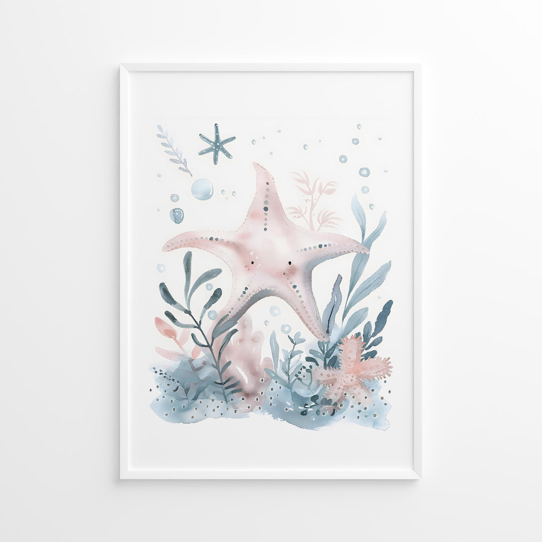 Framed artwork with starfish and underwater plants on a white background