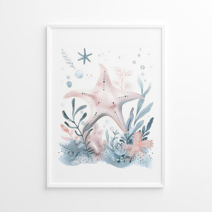 Framed artwork with starfish and underwater plants on a white background