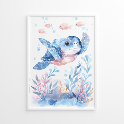 Framed artwork of a vibrtant blue sea turtle with pink fish and coral on a white background