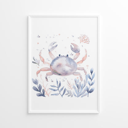 Framed artwork of a crab with floral elements on a white background