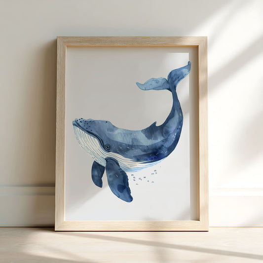 Lámina enmarcada de ballena vintage en acuarela para habitación infantil